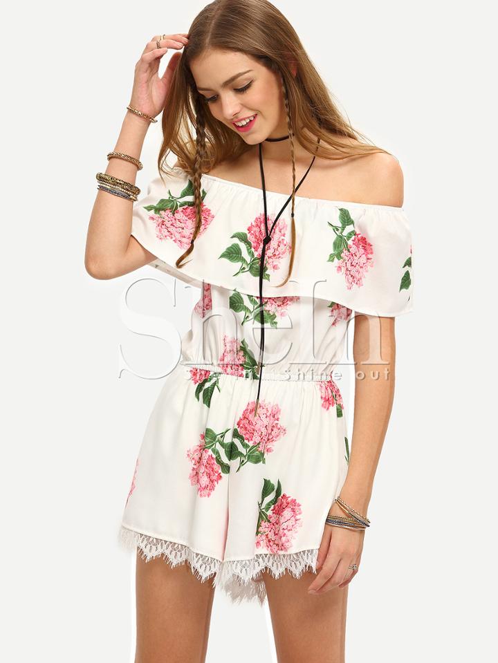 Shein White Off The Shoulder Flower Print Jumpsuit