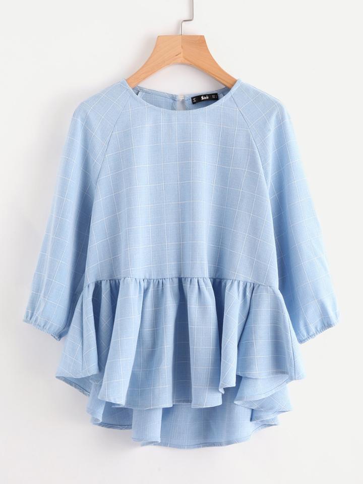 Shein Raglan Sleeve Ruffle Dip Hem Grid Blouse