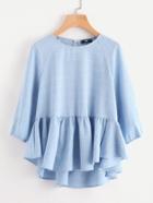 Shein Raglan Sleeve Ruffle Dip Hem Grid Blouse