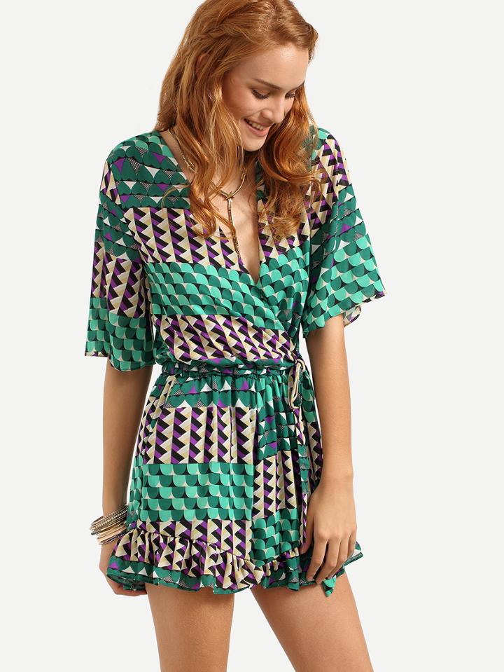 Shein Surplice Front Self-tie Geometric Print Romper - Green