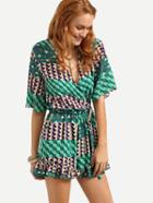 Shein Surplice Front Self-tie Geometric Print Romper - Green