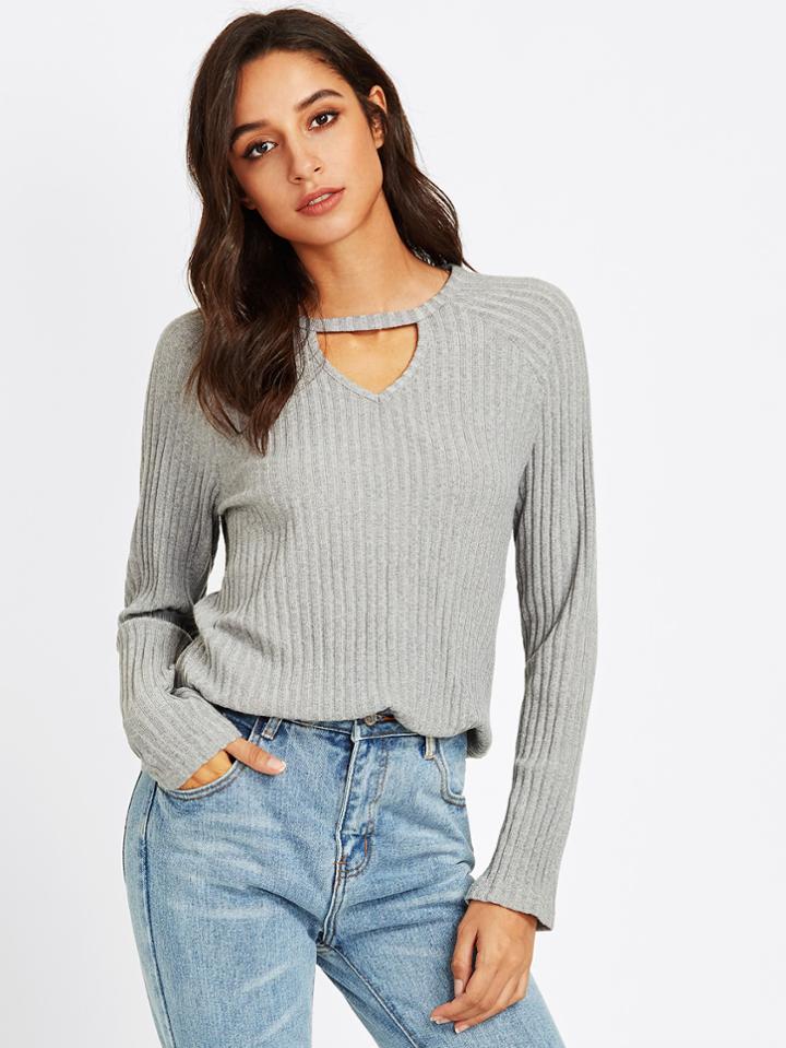Shein V Cut Neck Ribbed Knit Top