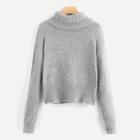 Shein Rolled Up Neck Solid Fuzzy Sweater