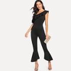 Shein One Shoulder Ruffle Trim Flare Leg Jumpsuit