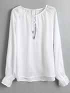 Shein White Tie Neck Keyhole Front Long Sleeve Blouse