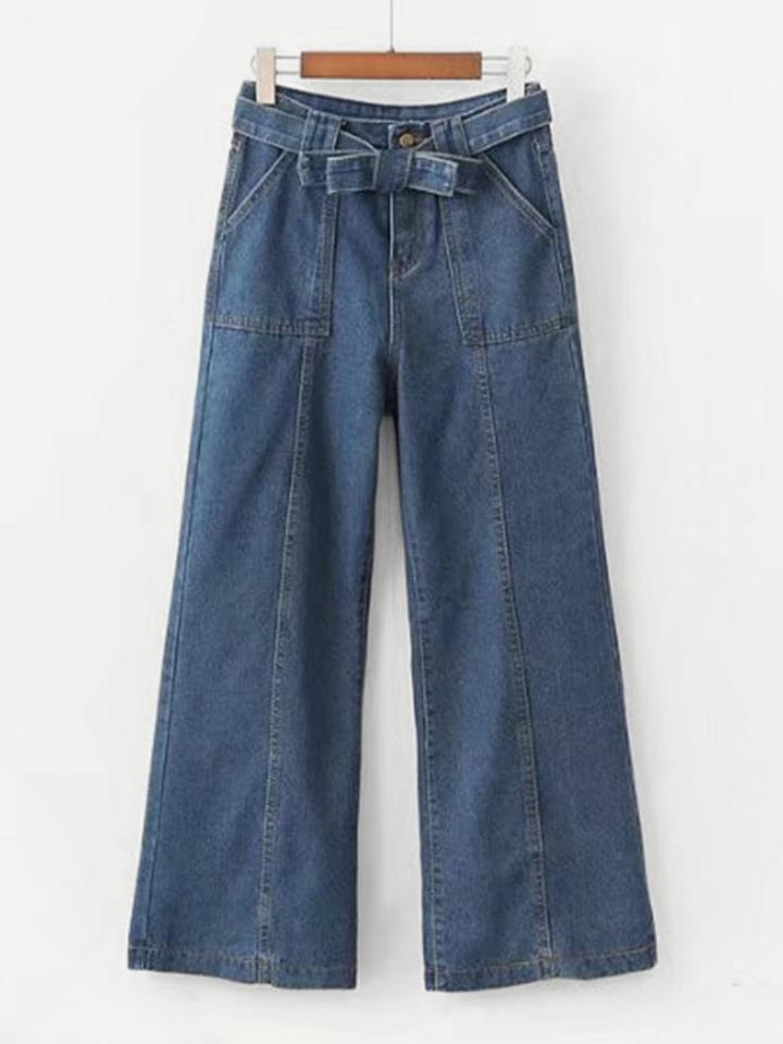 Shein Seam Detail Wide Leg Jeans With Belt