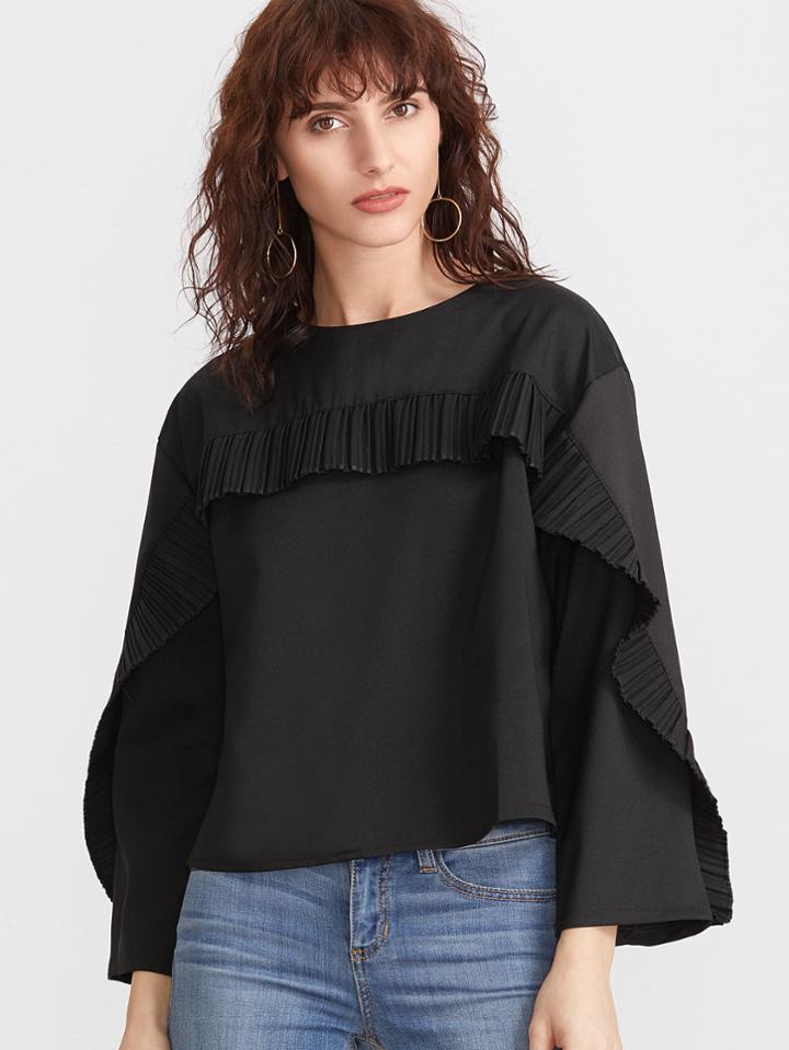 Shein Black Ruffle Trim Zipper Back Blouse