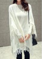 Rosewe Shawl Design Fringe Embellished White Cardigan