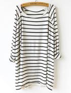 Shein White Black Striped Loose T-shirt
