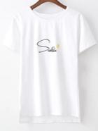 Shein White Short Sleeve Dip Hem Letters Embroidery T-shirt