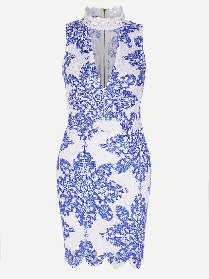 Shein Band Collar Floral Zipper Back Dress