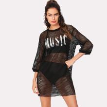 Shein Letter Print Longline Sport Mesh Top