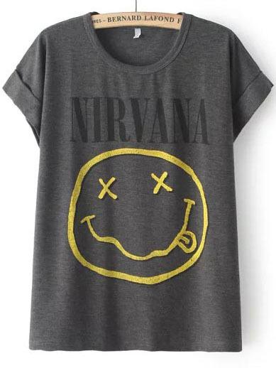 Shein Grey Short Sleeve Nirvana Face Irresistible Ugly Print T-shirt