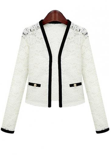 Rosewe White Lace Long Sleeve Black Edge Embellished Blazer
