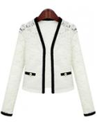 Rosewe White Lace Long Sleeve Black Edge Embellished Blazer