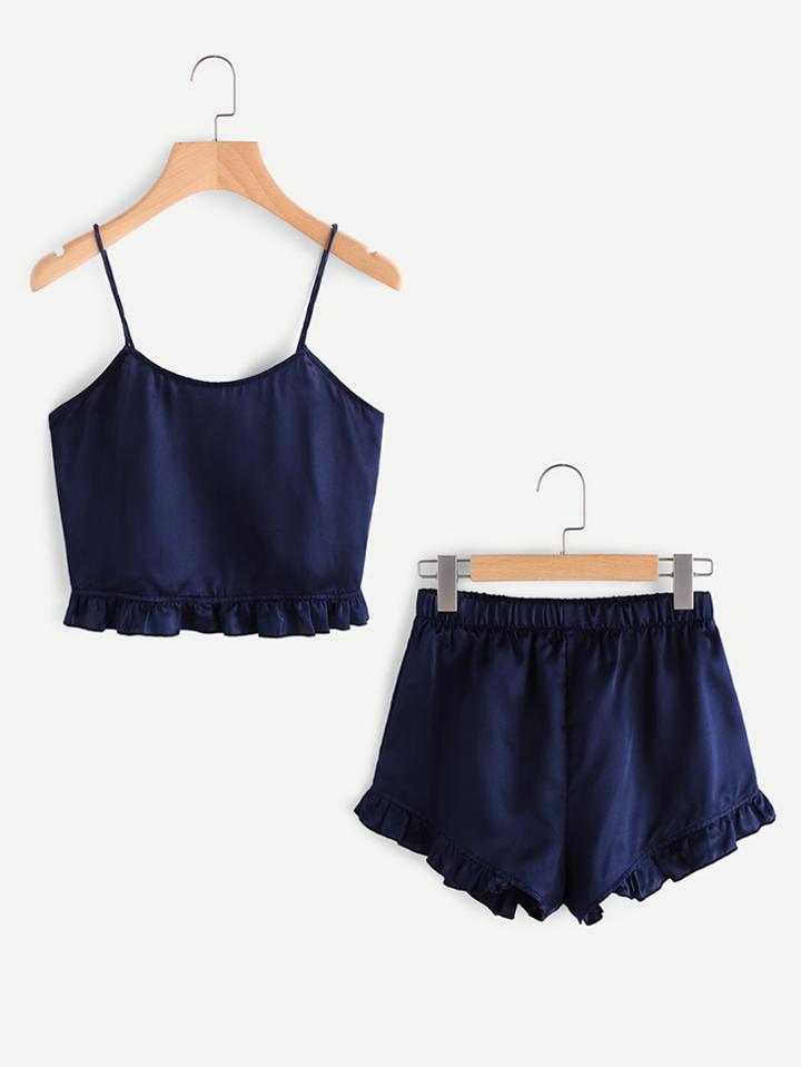 Shein Frill Trim Cami And Shorts Pajama Set