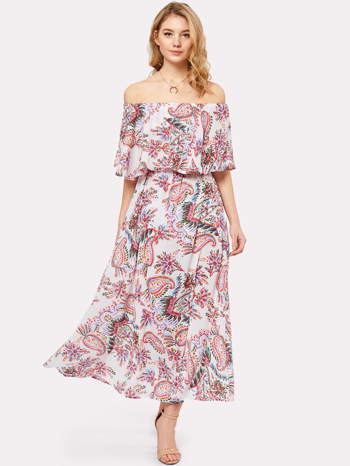 Shein Paisley Print Flounce Bardot Dress