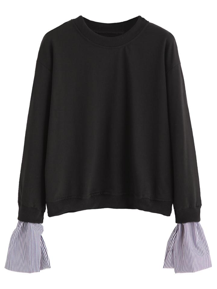 Shein Black Contrast Striped Cuff Sweatshirt