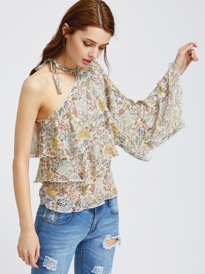 Shein Botanical Print One Shoulder Halter Neck Ruffle Top