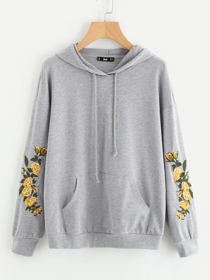 Shein Drop Shoulder Embroidery Sleeve Pocket Front Hoodie
