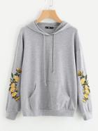 Shein Drop Shoulder Embroidery Sleeve Pocket Front Hoodie