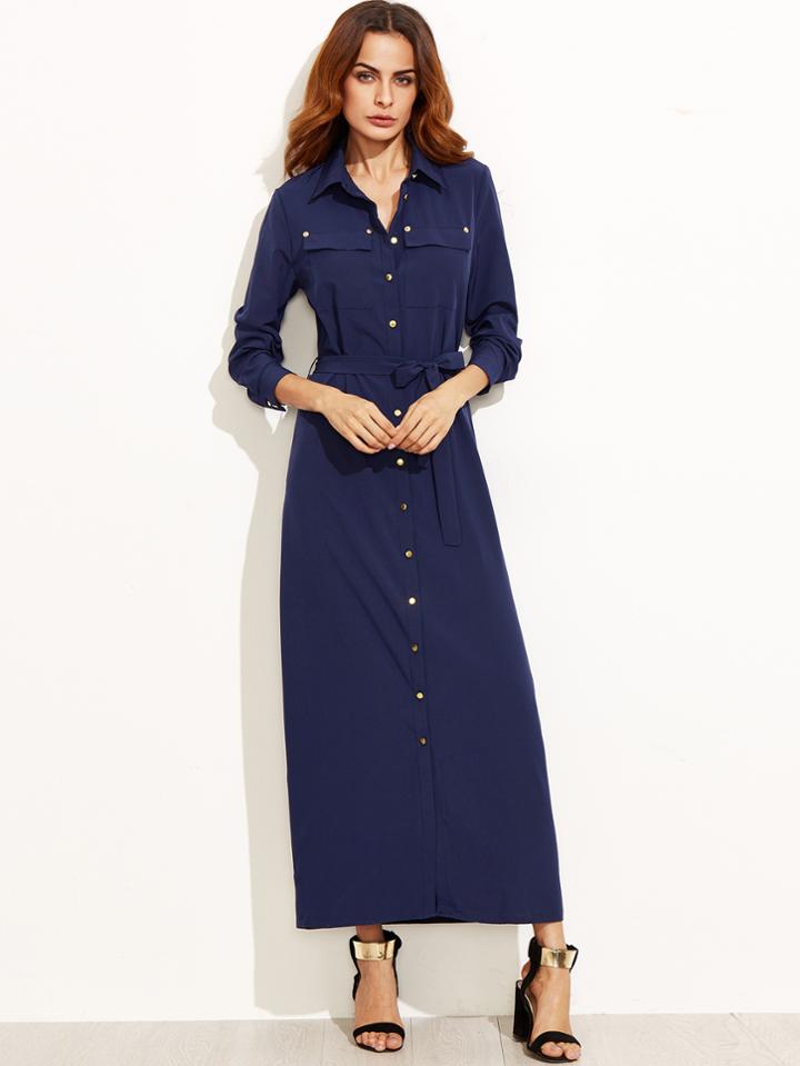 Shein Navy Self Tie Metal Button Chiffon Shirt Dress
