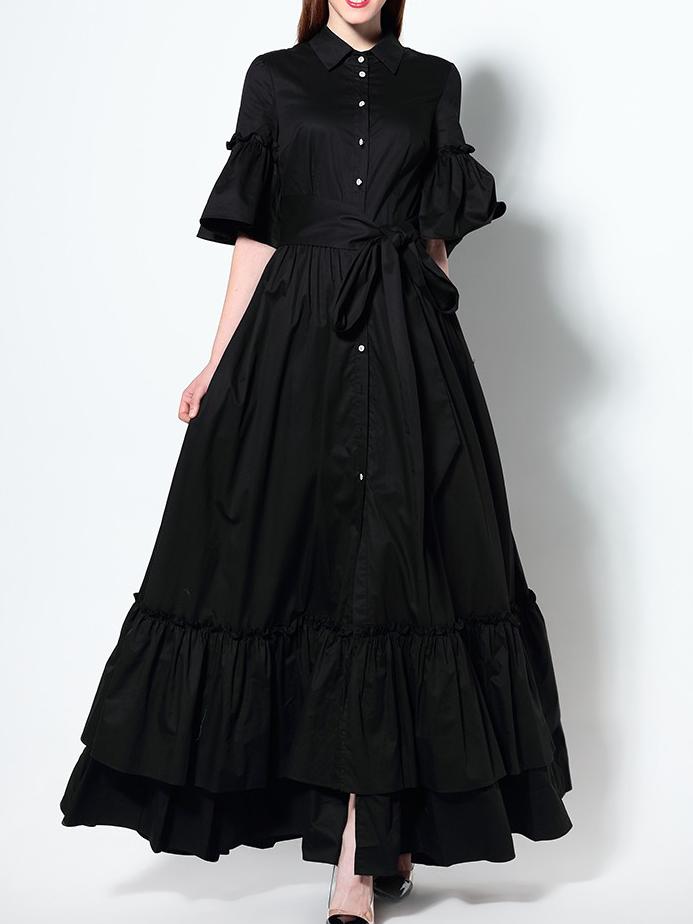 Shein Black Lapel Tie-waist Split Ruffle Dress