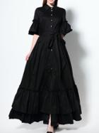 Shein Black Lapel Tie-waist Split Ruffle Dress