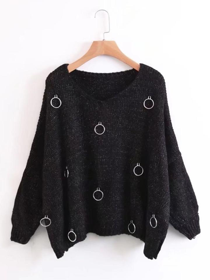 Shein Ring Embellished Drop Shoulder Side Slit Sweater