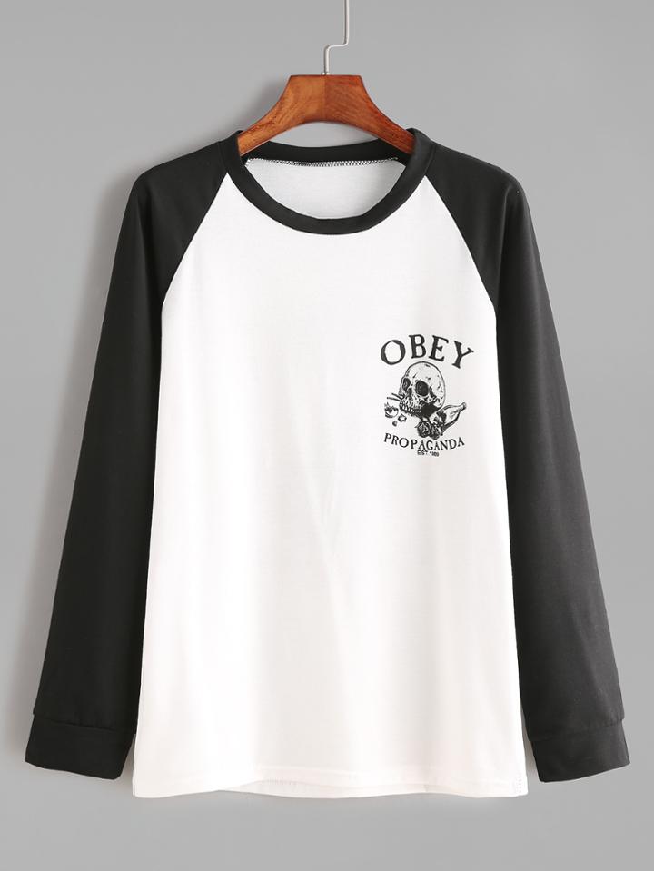 Shein Contrast Raglan Sleeve Letter And Skull Print T-shirt