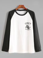 Shein Contrast Raglan Sleeve Letter And Skull Print T-shirt