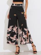 Shein Crane Print Contrast Binding Slit Side Palazzo Pants