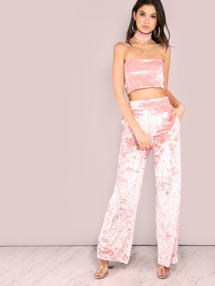 Shein Pink Velvet Bandeau Top With Pants