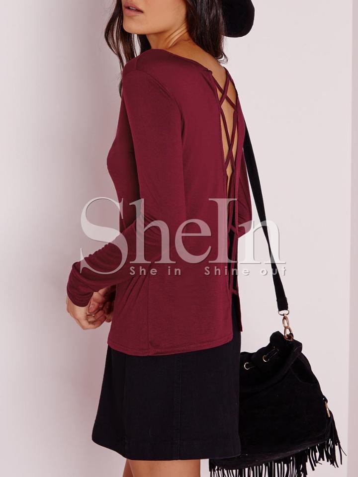 Shein Burgundy Crew Neck Hollow Out T-shirt