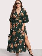 Shein Plunge Neck M-slit Floral Kimono Dress