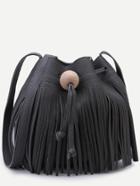 Shein Black Pebbled Pu Tassel Fringe Drawstring Bucket Bag