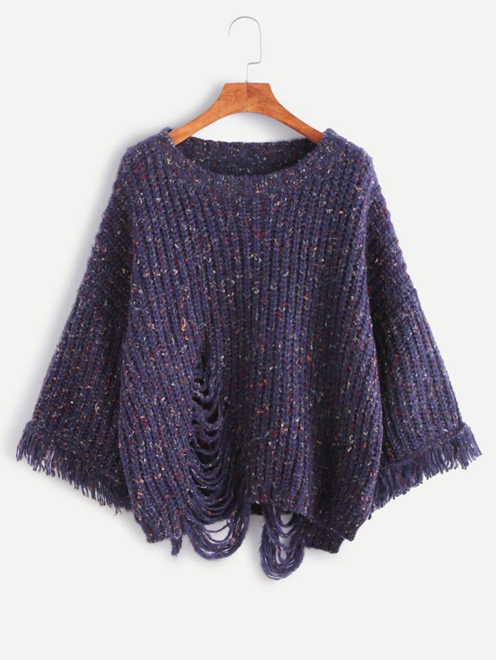 Shein Navy Drop Shoulder High Low Fringe Frayed Sweater