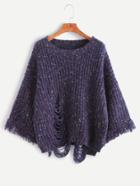 Shein Navy Drop Shoulder High Low Fringe Frayed Sweater