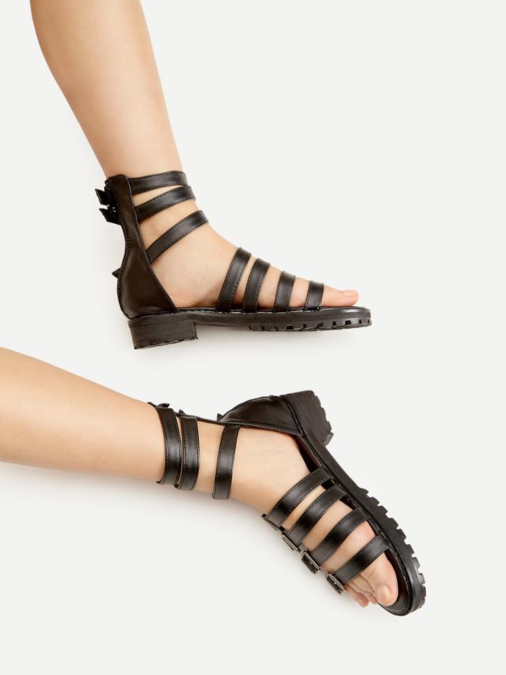 Shein Black Buckle Detail Zipper Back Flat Sandals