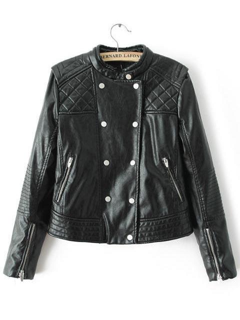 Shein Black Stand Collar Diamond Patterned Crop Jacket