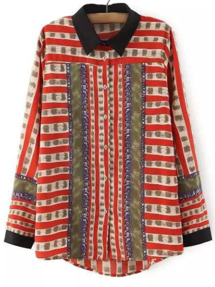 Shein Red Long Sleeve Buttons Front Print Blouse