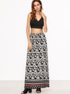 Shein Black White Floral Print Drawstring Waist Skirt