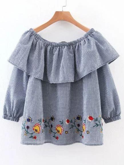 Shein Boat Neckline Gingham Embroidery Tunic Top