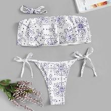 Shein Random Geometric Pattern Top With Self Tie Side Bikini