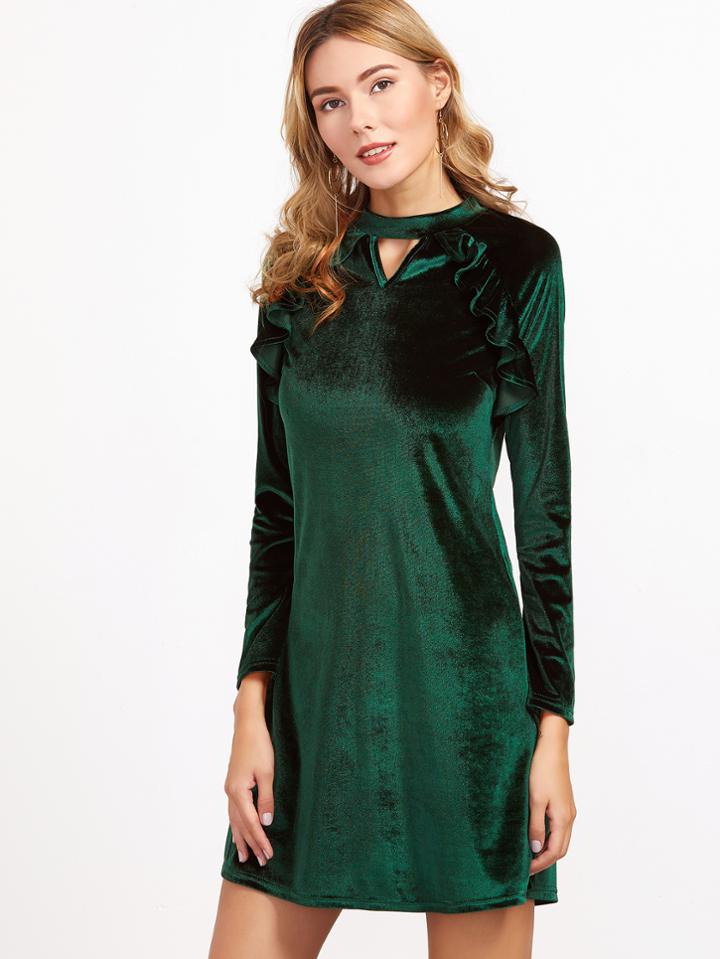 Shein Green Double Keyhole Ruffle Trim Velvet Dress