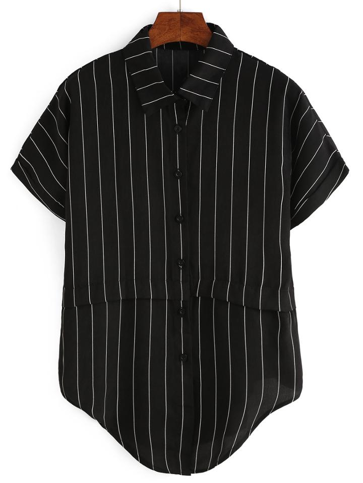 Shein Vertical Stripe Curved Hem Blouse