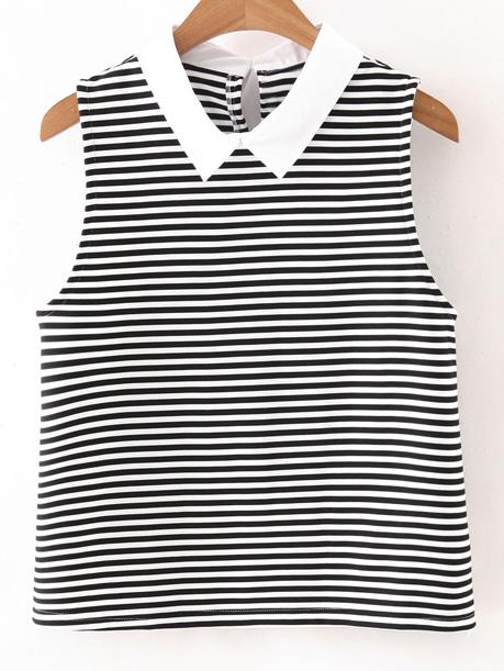Shein Black White Stripe Poplin Lapel Sleeveless Blouse