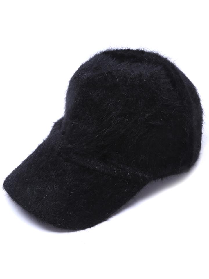 Shein Black Rabbit Hair Fuzzy Warm Baseball Cap