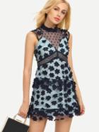 Shein Deep V Neck Sheer Mesh Sleeveless Dress With Appliques