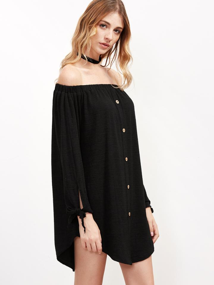 Shein Black Off The Shoulder Button Front Tie Sleeve Dress